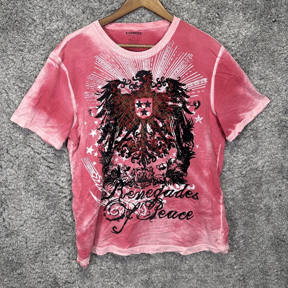 Vintage Y2K Men’s Express Graphic T Shirt Pink Distressed Large Short Sleeve